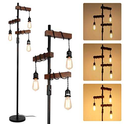 Rayofly Industrial Dimmable Floor Lamps, Farmhouse 3-Lights Wooden Standing Lamp, Vintage Tree Tall Light, E27 LED, Metal Black Brown Floor Lamp for Living Room, Bedroom, Sofa, Corner, Rustic Home