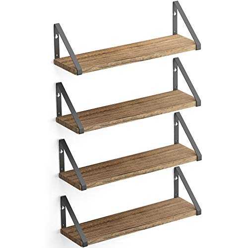 Wallniture Ponza Floating Shelves Wall Mounted Set of 4, Storage Shelves for Kitchen and Pantry, Natural Burned Rustic Wood Wall Decor with Metal Floating Shelf Bracket