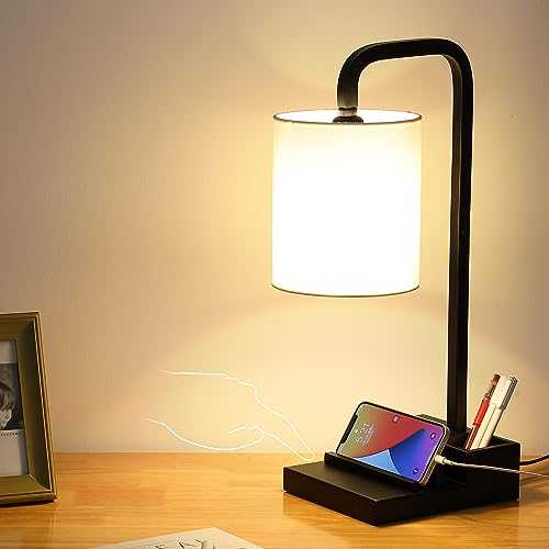 3-Way Touch Control Dimmable Table Lamp Modern Nightstand Lamps, with 2 USB Charging Ports, Fabric Round Lampshade, 100 W Equivalent Vintage LED Bulb Included, Suitable for Bedroom Living Room Office