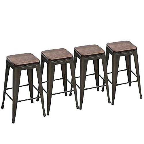 Yongchuang Metal Bar Stools Set of 4 Backless Stools for Indoor-Outdoor Kitchen Counter Bar Stools with Wooden Seat 26" Gunmetal