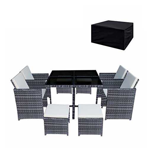 Panana Rattan Garden Furniture Set 8 Seater Dining Table and Padded Chairs Stool Outdoor Patio and Conservatory Mixed Grey