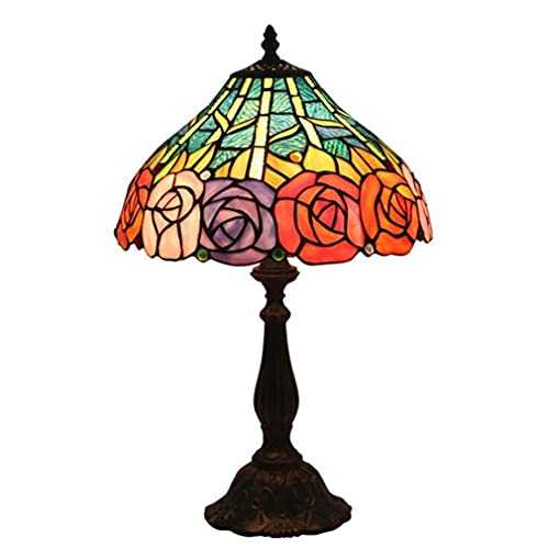 KELITINAus Style Lamp 12 inch Green Purple Stained Glass Rose Shade Antique Bronze Alloy Base Table Desk Lamp Light for Bedroom Banker Living Room Dining Room Office Study