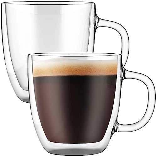 Large Coffee Mugs, Double Wall Glass Set of 2, 16 oz - Dishwasher & Microwave Safe - Clear, Unique & Insulated with Handle, by Elixir Glassware (16 oz)