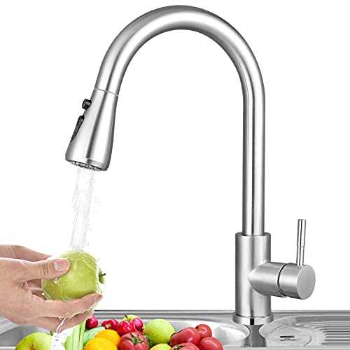 304 Stainless Kitchen Tap,Pull Out Pull Down Kitchen Mixer Tap,360° Swivel Kitchen Faucet with 3 Modes Extractable Handheld Shower Cold & Hot Water Available Chrome Finish Solid Brass