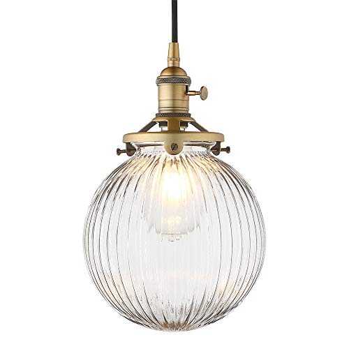 Yosoan Vintage Edison Switch Pendant Light Fiting with Ribbed Globe Glass Shade, Loft Bar Edison Hanging Ceiling Lights Chandelier for Kitchen Dining Room Bedroom Restaurant (Antique)