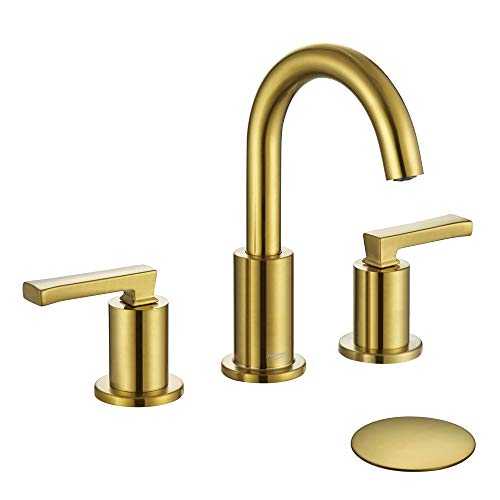 Brushed Gold 8 inch Bathroom Faucet Widespread, Contemporary High-Arc 2-Handle Bath Vanity Sink Faucet Tap for 3-Holes 8-in Wide Spread Set, with 360 Degree Swivel Spout & Match Pop Up Drain