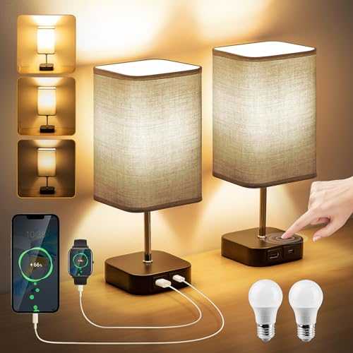 Bedside Lamps Set of 2 - Touch Lamps with USB-C+A Charging Ports, 3-Way Dimmable Table Lamp for Bedroom Living Room with Grey Fabric Shade (Bulbs Included) (USB C+A, Warm White)