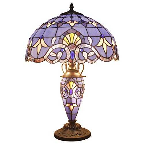 Tiffany Style Table Lamp W16H24 Inch Tall Blue Purple Lavender Stained Glass Baroque Lampshade Antique Night Light Base S003C WERFACTORY Lamps Lover Living Room Bedroom Nightstand Study Reading Gifts