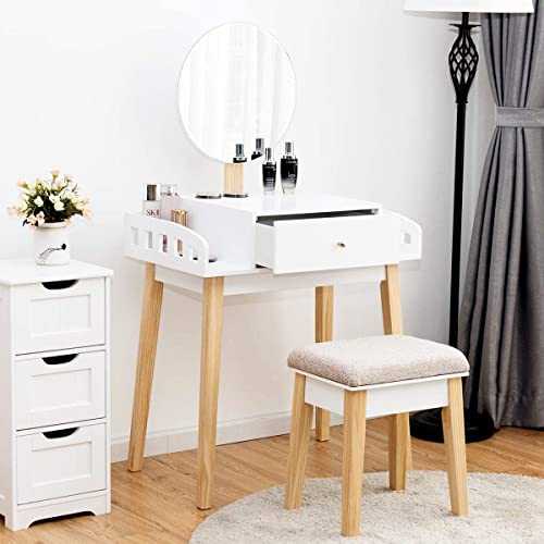 COSTWAY Vanity Table and Stool Set, Wooden Detachable Makeup Dresser Dressing Table Sets, Home Bedroom Vanity Cosmetic Furniture Gift for Girls Women (Height Adjustable Mirror + 1 Drawer)