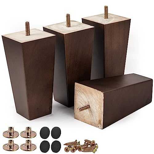 6 inch Solid Wood Furniture Legs, Btowin 4Pcs Mid-Century Modern Wooden Pyramid Replacement Feet with Threaded 5/16'' Hanger Bolts & Mounting Plate & Screws for Sofa Couch Chair Recliner