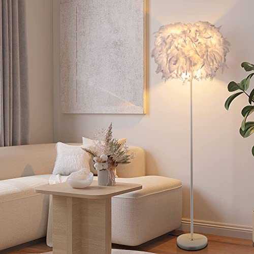 Elinkume Floor Lamp, Sheer Shade Feather Floor Lamp,Stand Light for Bedroom Living Room, Simple Modern Style（6W, White,Pedal Switch,Warm Light E27 Lamp Holder）