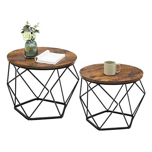 VASAGLE Small Coffee Table Set of 2, Round Coffee Table with Steel Frame, Side End Table for Living Room, Bedroom, Office, Rustic Brown and Black ULET040B01