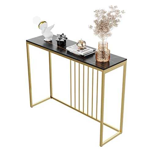 Slim Console Table Hallway Unit: Black Gold Lines Pattern Marble Top Consoles Desk Long 100cm High Gloss Sintered Stone Marbles Effect and Gold Frame Narrow Tall Modern Sofa Side Tables Living room