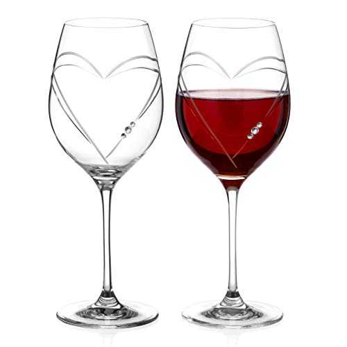 DIAMANTE Swarovski Red Wine Glasses Pair – ‘Hearts’ Collection Crystal Wine Goblets Set of 2