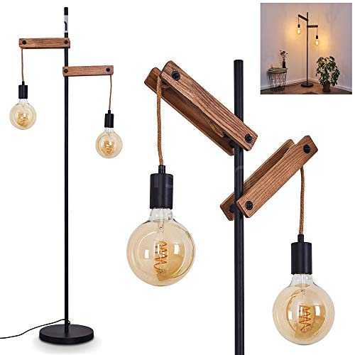 Floor lamp Aarhus in Genuine Wood, Rope and Black Metal, Vintage lamp with 2 Pendant Lights & Switch on The Cord, Fitting in a Retro Living Room, for 1 E27 max. 60 Watt Light Bulb, Suitable LED Bulbs