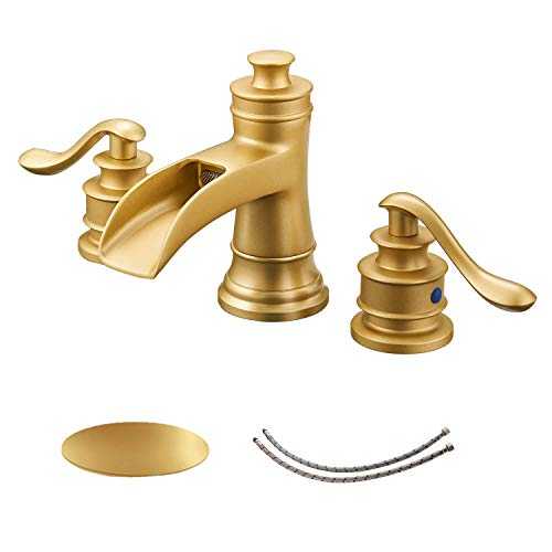 Homevacious Widespread Bathroom Faucet Waterfall Sink Brushed Gold Vanity 3 Hole 2-Handle with Pop Up Drain 8-16 Inch Spread Lavatory Bath Basin Mixer Tap with Overflow Supply Line Lead-Free