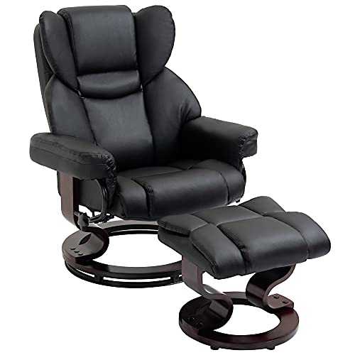 HOMCOM Reclining Swivel Armchair Footstool Set Sofa Padded PU Leather Relaxing Manual Duo Metal Frame Bentwood Base Black