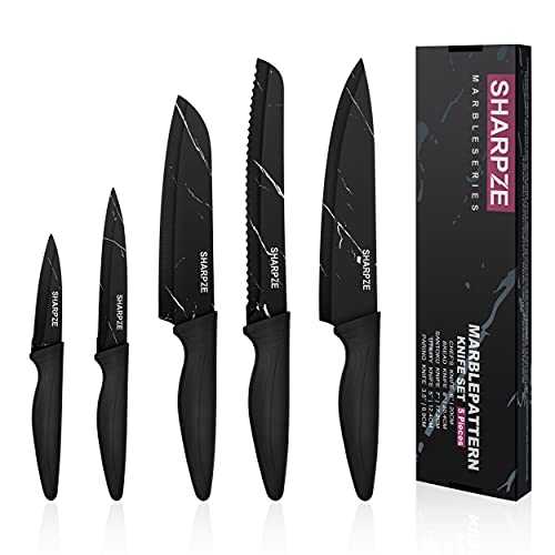 Kitchen Knife Set of 5 | Ultra Sharp Stainless Steel Blade | Kitchen Knives with Ergonomic Handle & Sheaths Include Paring, Utility, Santuko, Bread, Chef Knife & eBook