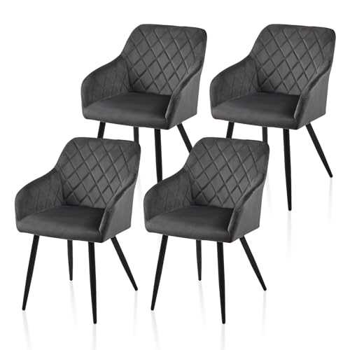 TUKAILAI 4PCS Velvet Dining Chairs Armchairs Set of 4 Leisure Lounge Accent Chairs with Padded Seat, Metal Legs, Arms and Backrest Living Dining Kitchen Room Bedroom Reception Diamond Design Grey