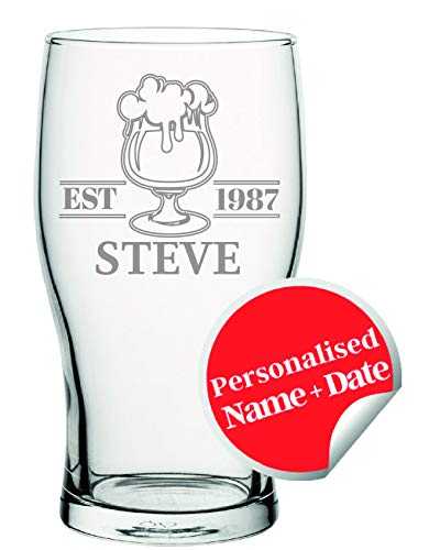 Personalised Pint Glass | Custom Name and Date | Tulip Pint Glass with Classic Design | Gift Box Included