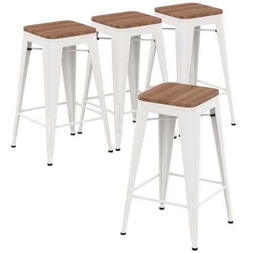 24 Inch Backless Metal Bar Stool Kitchen Counter Bar Stools Set of 4 Stackable­ (24 inch, White Wooden)