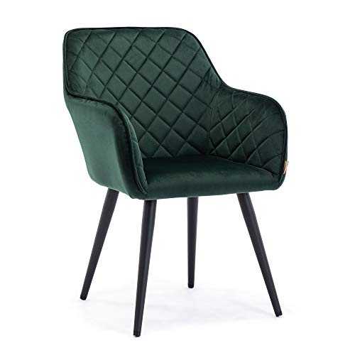 HNNHOME Dalton Upholstered Kitchen Dining Chair with Arms and Back, Strong Metal Leg, Lounge Living Room Armchair Reception Tub Chair (Dark Green, Velvet)