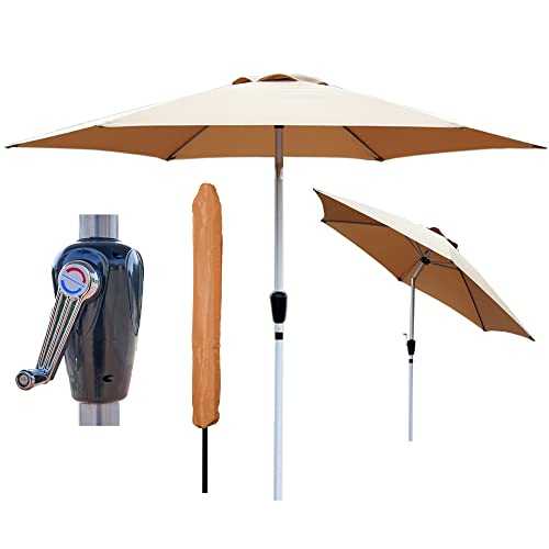 GlamHaus Garden Parasol Tilting Table Umbrella, UV 40+ Protection, 2.7m, Additional Parasol Protection Cover, Crank Handle, Gardens and Patios - Robust Aluminium (Sand)