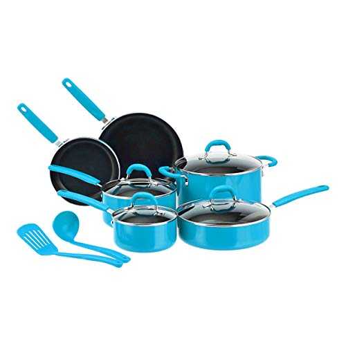 Amazon Basics Ceramic Non-Stick 12-Piece Cookware Set, Turquoise