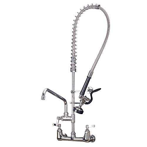 Heavy Duty Commercial Kitchen Wall-Mount Tap POUGEO Pre-Rinse Double Handles Sink Faucet with 8" Add-on Swivel Spout and Pull Down Spray Head,Brass Constructed Polished Chrome