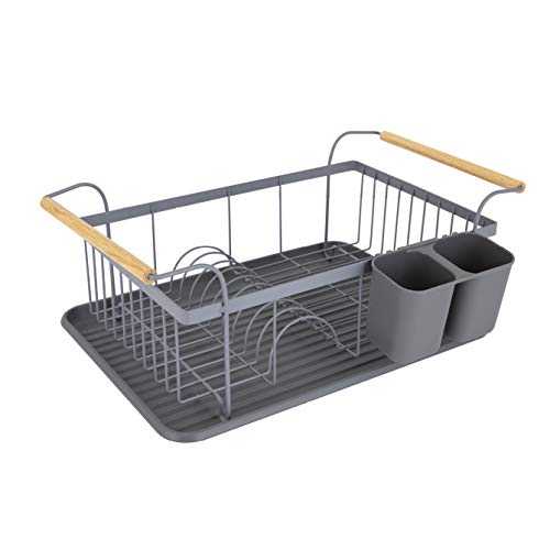 Tower Scandi T847009GRY Dishrack with Wooden Handle for 9 Full Sized Plates, Grey