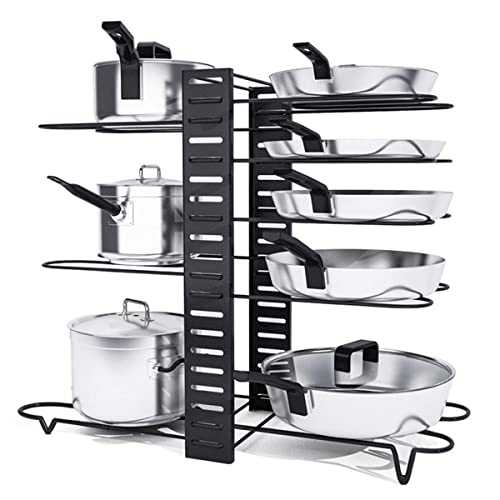 Astoryou Pot Rack Organizer, 8 Tiers Pan Rack Holder Stand Detachable Pot Lid Rack Length Adjustable Shelf Cookware Holders Cabinet Pantry With 3 DIY Methods for Kitchen Counter and Cabinet,Black