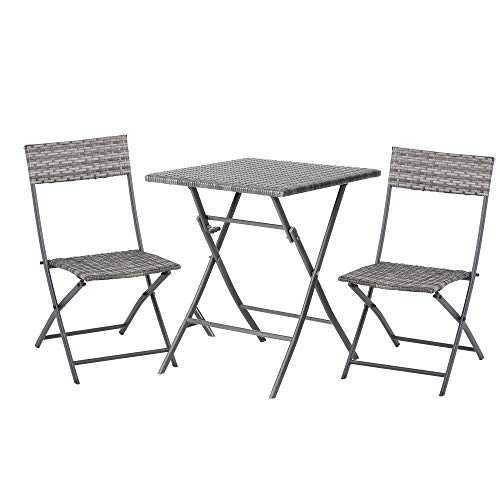Outsunny 3 PCS PE Rattan Wicker Garden Furniture Patio Bistro Set Folding for 2 Outdoor Table and Chair Set (Grey)