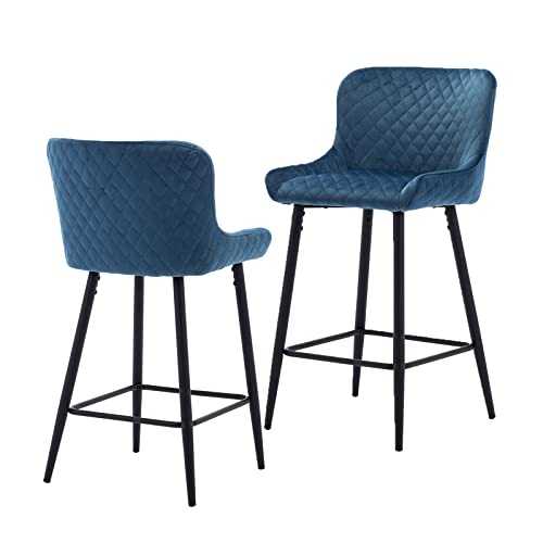chairus 2 Pack Velvet Barstools High Stool Chair Rhombus Design Kitchen Island Breakfast Counter Stools Footrest Stool Seat (Blue)