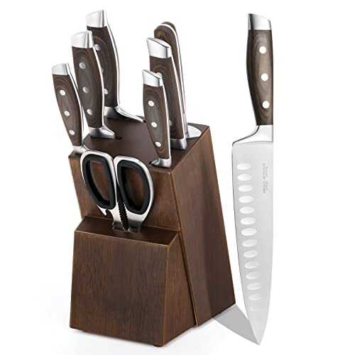 Enfmay Kitchen Knives, 8 Pieces Knife Set with Block,German 1.4116 Stainless Steel Blade, Kitchen Knifes Set Professional with Sharpener, Full-Tang Design.