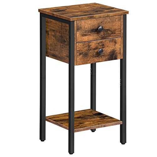 HOOBRO Tall Bedside Table, Slim Side Table with 2 Drawers, Industrial Telephone Table, Small Hallway Table for Small Spaces, Living Room, 38 x 29 x 70 cm, Rustic Brown and Black EBF72BZ01