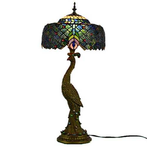 DWW Large Tiffany Lamp Peacock Lighting Fixture 27" Handmade Stained Glass Table Lamp Rotatable Lampshade & Resin Relief Base, For Bedroom Coffee Bar Art Crafts Gifts