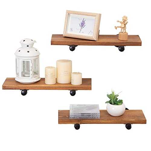 Canwedance Rustic Wood Floating Shelves with Industrial Pipe Brackets Set of 3,3 Tier Wall Mounted Shelving Storage for Bathroom Bedroom Living Room Kitchen Office Home Decor 16.1" x 5.5" (Brown)