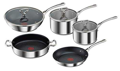 Tefal Reserve Collection E475S544 5-Piece Stainless Steel Induction Cookware Set with 2 Handles 28 cm with Glass Lid + Frying Pan 26 cm + Saucepans 18/20 cm with Glass Lid + Wok Pan 28 cm
