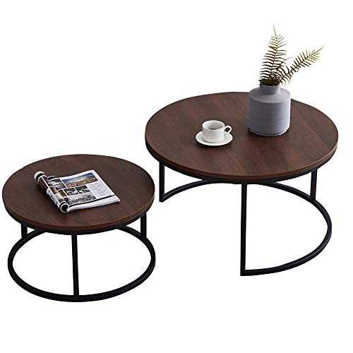 HOMMOO Round 31.5" Nesting Coffee Table Set of 2 Modern Accent Coffee Table with Walnut Wooden Top and Black Metal Frame for Living Room Small Space Easy Assembly