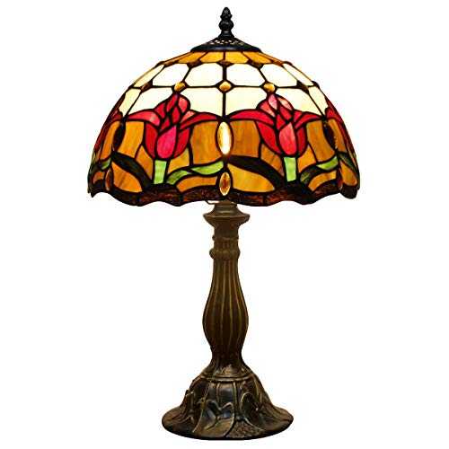 Tiffany Style Reading Table Beside Lamp Light 12 inch Wide Tulip Flower Stained Glass Shade 1 Bulb Desk Antique Zinc Base for Girlfriend Living Room Bedroom (S030)