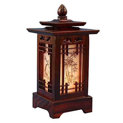 Carved Wood Lamp Handmade Traditional Korean Pavilion Pagoda Design Art Deco Lantern Brown Asian Oriental Bedside Bedroom Accent Unusual Table Light (Pagoda)