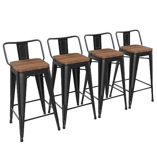 Yongchuang 24" Metal Barstools Set of 4 Indoor-Outdoor Counter Bar Stools with Wood Top Low Back Matte Black