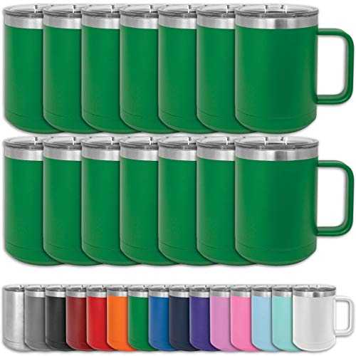 Clear Water Home Goods - (Bulk Pack of 12) - 15 oz Double Wall Coffee Mug with Lid and Handle, Double Insulated Stainless Steel Travel Tumbler Cup - Powder Coated - Green