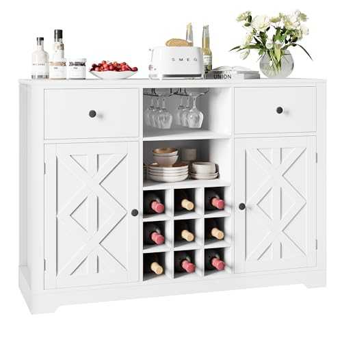 FirFurd Sideboard Storage Cabinet White Kitchen Cabinet with Removable Wine Rack 2 Wine Glass Holders 2 Drawers and 2-Door Cupboard Drinks Cabinet for Living Room Dining Room 113x40x87cm