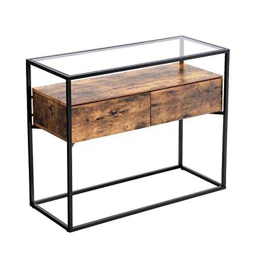 VASAGLE Industrial Console Table, Tempered Glass Table with 2 Drawers and Rustic Shelf, Decoration Sideboard, in Hallway Lounge or Foyer, Stable Steel Frame LNT11BX