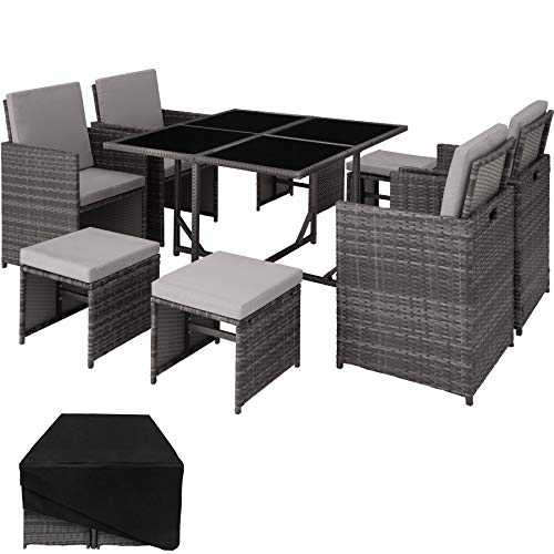 TecTake 800820 Rattan Garden Dining Cube Set 4+4 Seats + 1 Table | incl. Protection Slipcover | Stainless Steel Screws (Grey)