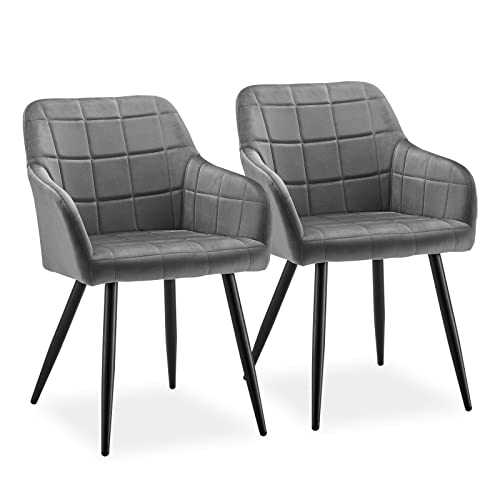 CLIPOP Dining Chairs Set of 2 Grey Velvet Kitchen Counter Leisure Chairs with Backrest and Armrests, Lounge Reception Chairs for Home Office Furniture