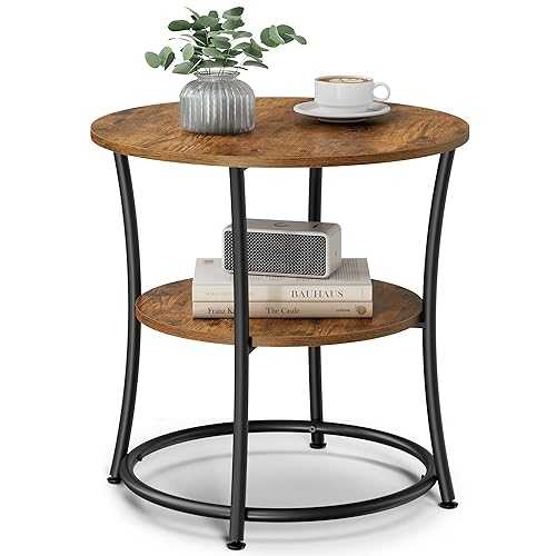VASAGLE DAINTREE Side Table, Round End Table with 2 Shelves, Living Room, Bedroom, Easy Assembly, Metal, Industrial Design, Rustic Brown ULET56BX