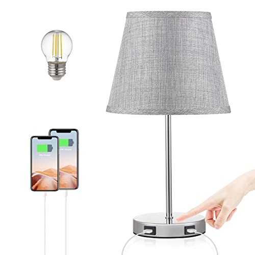 Seealle USB Touch Table Lamp Bedside Lamp with Dual USB Charging Ports, Modern Grey Nightstand Lamps with USB Ports, 3 Way Dimmable Touch Lamp for Bedroom and Living Room (LED Bulb Included)