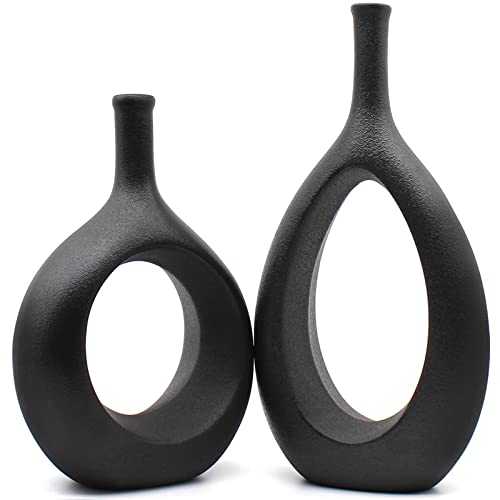 Serdic Ceramic Hollow Vases Set of 2 Modern Decorative Flower Vase for Centerpieces, Wedding, Gifts, Kitchen, Living Room or Flower Shop Black